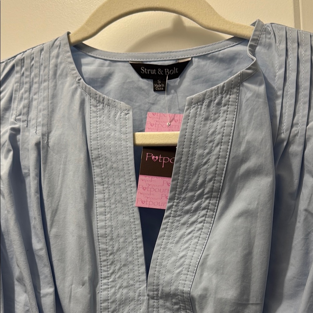 Light Blue Ruffle Sleeve Waist-Tie Top - Picture 7 of 8